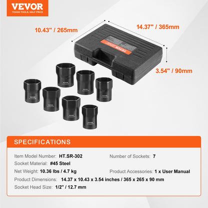 Wheel Bearing Locknut Socket Set, 1/2 inch Drive 7 Piece SAE and Metric 6-Point Socket for Ford, Dodge, and Toyota Vehicles, with Storage Case, Remove and Install Wheel Bearing Lock Nuts