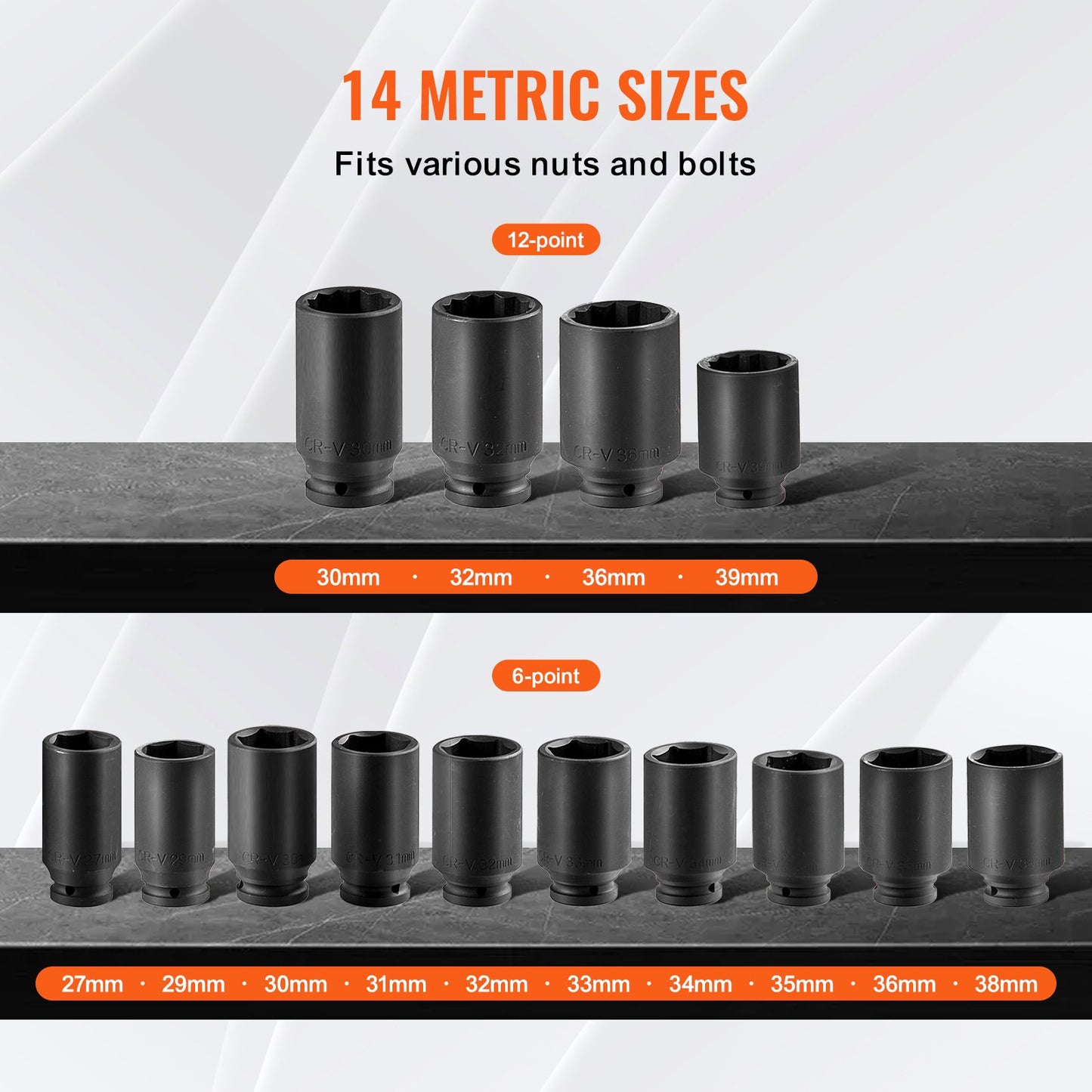 Axle Nut Impact Socket Set 1/2" Drive Deep 6+12-Point 14PCS Metric Socket