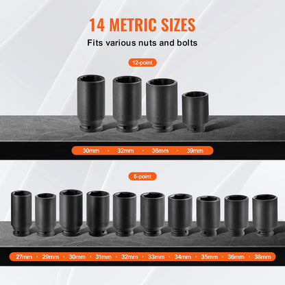Axle Nut Impact Socket Set 1/2" Drive Deep 6+12-Point 14PCS Metric Socket
