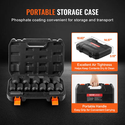 Schlagsteckschlüsselsatz für Wellenmuttern, 1/2-Zoll-Antrieb, tief, 6+12-kant, 14-teilig, metrisch