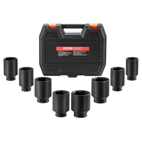 Axle Nut Impact Socket Set, 1/2" Drive Deep 6-Point 8-Piece SAE Spindle Nut Socket Set, CR-MO Heat Treated Large Socket Set with Storage Case, for Auto Repair, Removing or Installing Axle Nuts