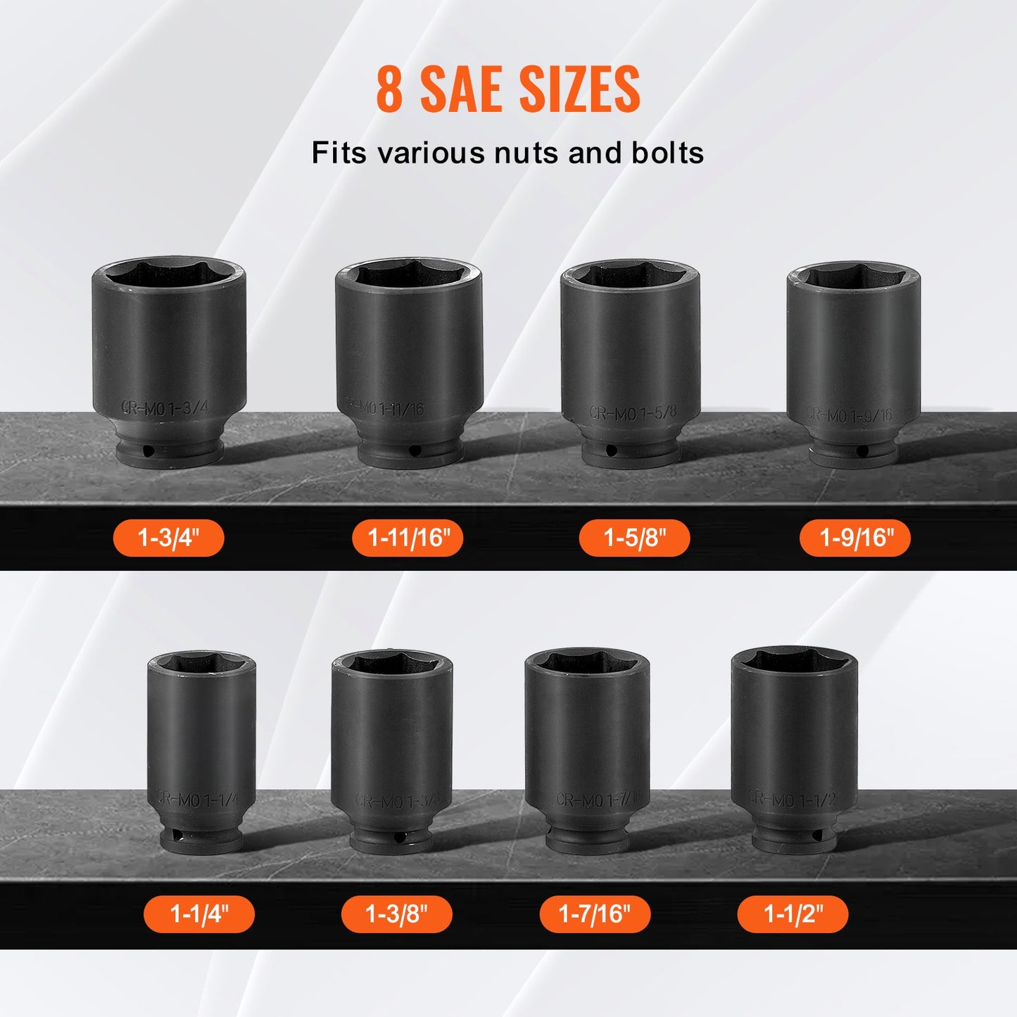 Axle Nut Impact Socket Set, 1/2" Drive Deep 6-Point 8-Piece SAE Spindle Nut Socket Set, CR-MO Heat Treated Large Socket Set with Storage Case, for Auto Repair, Removing or Installing Axle Nuts