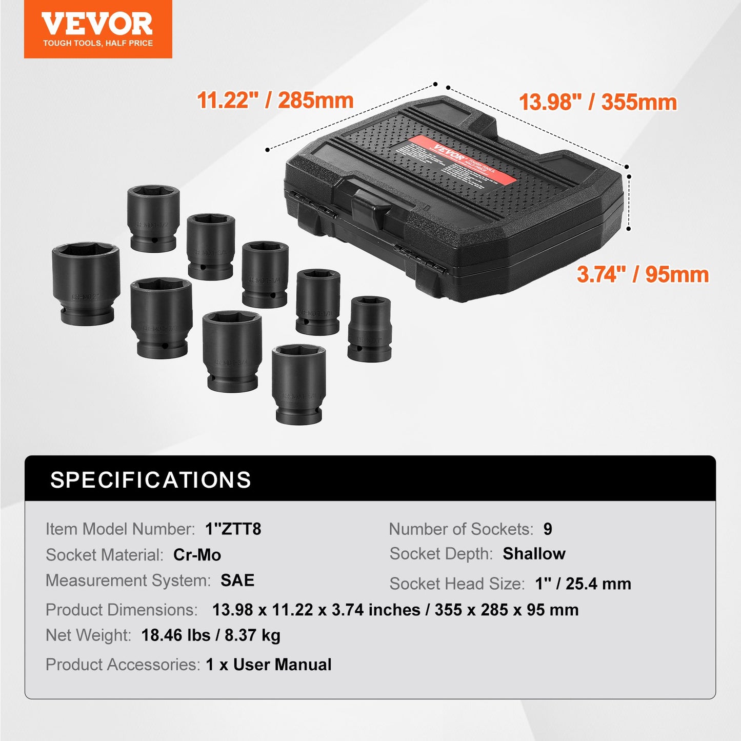 Axle Nut Impact Socket Set, 1" Drive 6-Point 9-Piece SAE Spindle Nut Socket Set, CR-MO Heat Treated Large Socket Set with Storage Case, for Auto Repair, Removing or Installing Axle Nuts