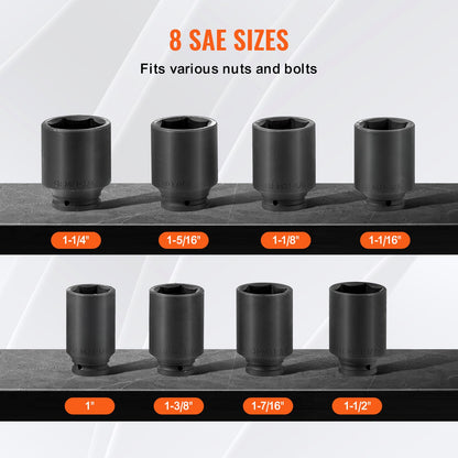 Axle Nut Impact Socket Set, 3/4" Drive Deep 6-Point 8-Piece SAE Spindle Nut Socket Set, CR-MO Heat Treated Large Socket Set with Storage Case, for Auto Repair, Removing or Installing Axle Nuts