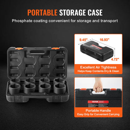 Axle Nut Impact Socket Set, 3/4" Drive 6-Point 8-Piece SAE Spindle Nut Socket Set, CR-MO Heat Treated Large Socket Set with Storage Case, for Auto Repair, Removing or Installing Axle Nuts