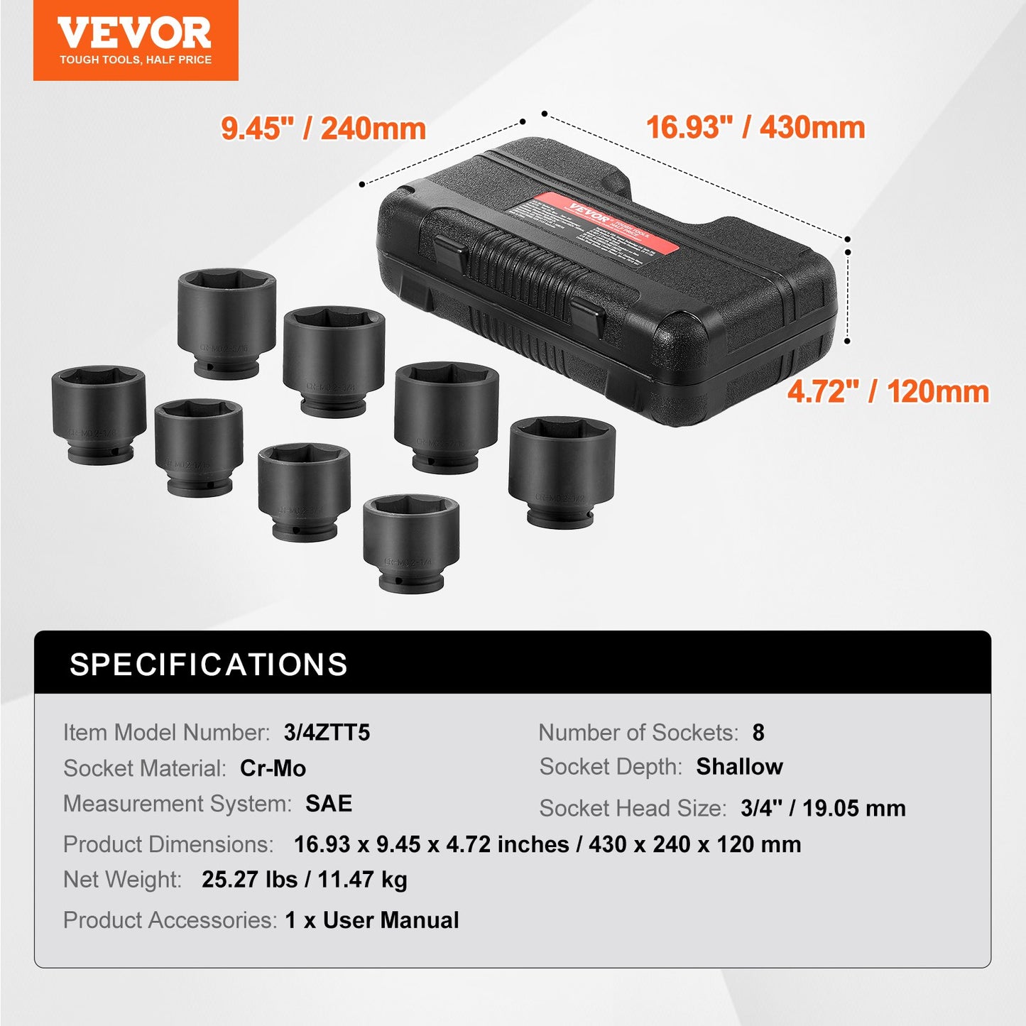 Axle Nut Impact Socket Set, 3/4" Drive 6-Point 8-Piece SAE Spindle Nut Socket Set, CR-MO Heat Treated Large Socket Set with Storage Case, for Auto Repair, Removing or Installing Axle Nuts