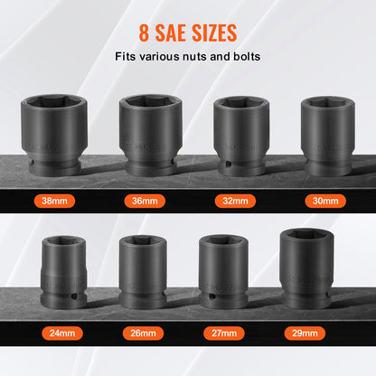 Axle Nut Impact Socket Set, 3/4" Drive 6-Point 8-Piece Metric Spindle Nut Socket Set, CR-MO Heat Treated Large Socket Set with Storage Case, for Auto Repair, Removing or Installing Axle Nuts