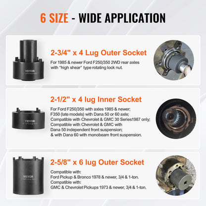 Spindle Nut Socket Tool Kit, 1/2 inch Drive 6 Piece Axle Hub Nut Socket Set, for Toyota, Ford, 4WD Vehicles and GM Vehicles, with Storage Case, Axle Spindle Nut Retainers Remover