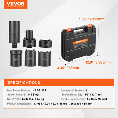 Spindle Nut Socket Tool Kit, 1/2 inch Drive 6 Piece Axle Hub Nut Socket Set, for Toyota, Ford, 4WD Vehicles and GM Vehicles, with Storage Case, Axle Spindle Nut Retainers Remover