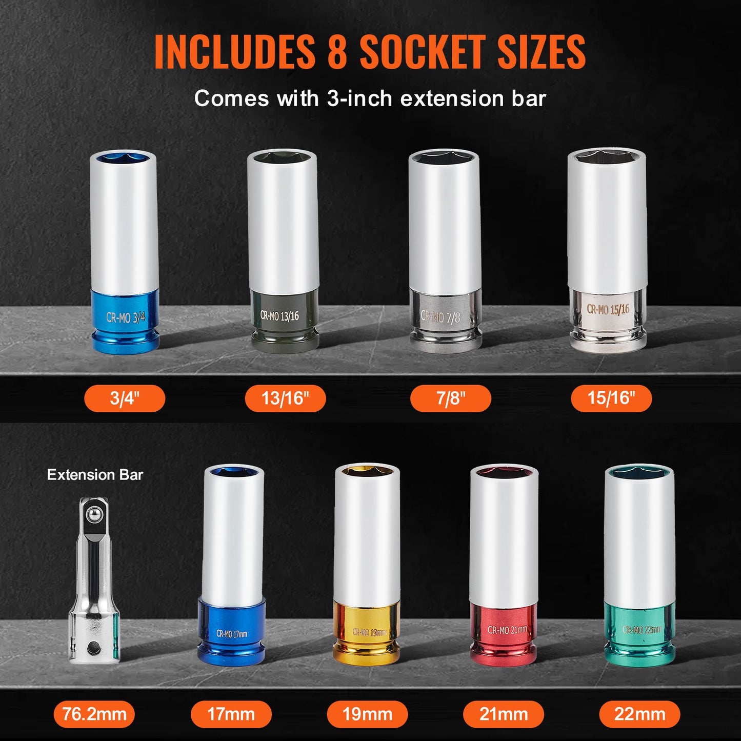 Radmuttern-Schlagsteckschlüsselsatz, 1/2-Zoll-Antrieb, metrisch und SAE, 6-Kant-Tiefsteckschlüssel