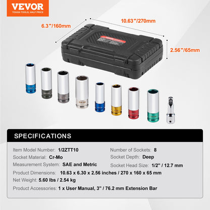 Radmuttern-Schlagsteckschlüsselsatz, 1/2-Zoll-Antrieb, metrisch und SAE, 6-Kant-Tiefsteckschlüssel