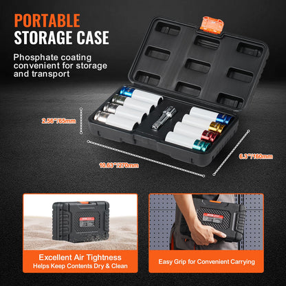 Lug Nut Impact Socket Set, 1/2 inch Drive Metric and SAE 6-Point Deep Socket Set, 8 Total Lug Nut Sizes, CR-MO Steel Wheel Socket Set with Storage Case and Extension Bar, for Auto Repair