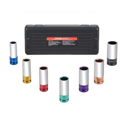 Lug Nut Impact Socket Set, 1/2 inch Drive Metric 6-Point Deep Socket Set, 7 Total Lug Nut Sizes 17/19/21/22/23/24/27mm, CR-MO Steel Wheel Socket Set with Storage Case, for Auto Repair