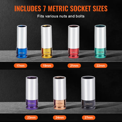 Schlagnuss-Steckschlüsselsatz, 1/2-Zoll-Antrieb, metrisch, 6-Kant, tiefe Stecknuss, 7-teilig