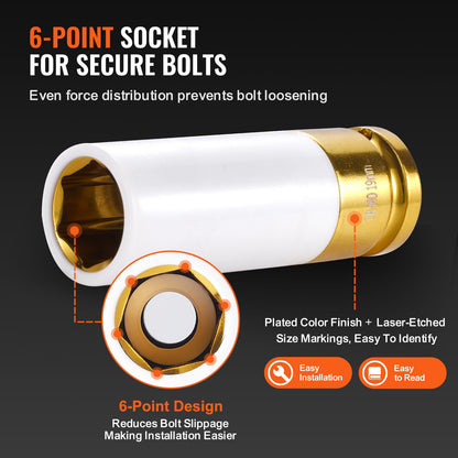 Lug Nut Impact Socket Set, 1/2 inch Drive Metric 6-Point Deep Socket Set, 7 Total Lug Nut Sizes 17/19/21/22/23/24/27mm, CR-MO Steel Wheel Socket Set with Storage Case, for Auto Repair