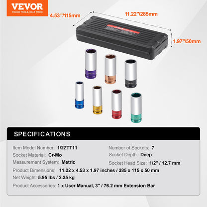 Lug Nut Impact Socket Set, 1/2 inch Drive Metric 6-Point Deep Socket Set, 7 Total Lug Nut Sizes 17/19/21/22/23/24/27mm, CR-MO Steel Wheel Socket Set with Storage Case, for Auto Repair