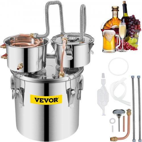 Alcohol Still, 5 Gallon, Stainless Steel Alcohol Distiller with Copper Tube & Build-in Thermometer & Water Pump, Double Thumper Keg Home Brewing Kit, for DIY Whiskey Wine Brandy