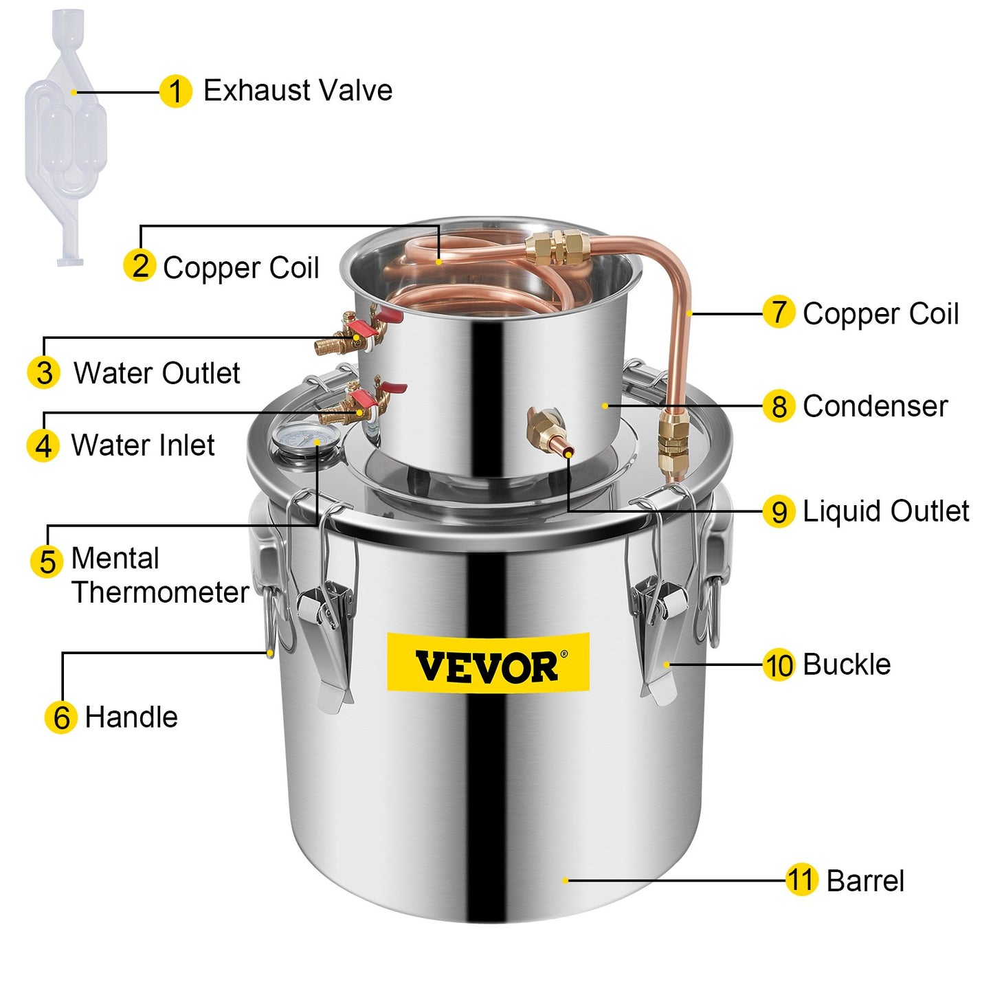 Moonshine Still Distiller 5Gal 21L Edelstahl-Wasserdestilliergerät Kupferrohr Heimbrauset Eingebautes Thermometer