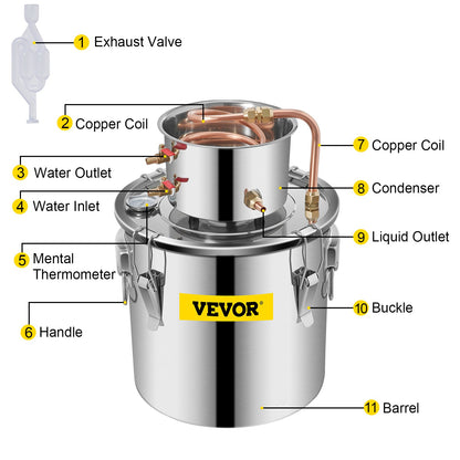 Moonshine Still Distiller 5Gal 21L Edelstahl-Wasserdestilliergerät Kupferrohr Heimbrauset Eingebautes Thermometer
