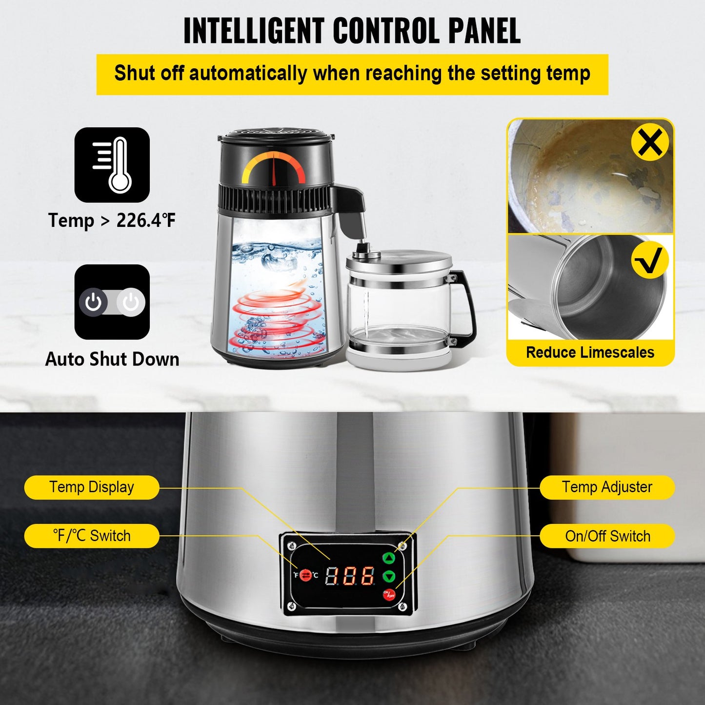 Silver Water Distiller Machine 750W Justerbar temperatur Water Distiller 4L vintillverkningsset Bryggsats Rostfritt stål inre destillerare med justerbar temperatur för kökshem