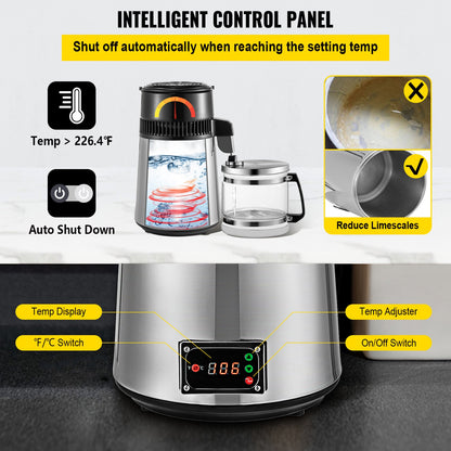 Silver Water Distiller Machine 750W Justerbar temperatur Water Distiller 4L vintillverkningsset Bryggsats Rostfritt stål inre destillerare med justerbar temperatur för kökshem