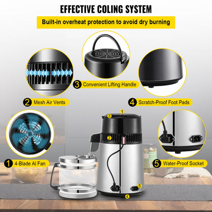 Silver Water Distiller Machine 750W Justerbar temperatur Water Distiller 4L vintillverkningsset Bryggsats Rostfritt stål inre destillerare med justerbar temperatur för kökshem