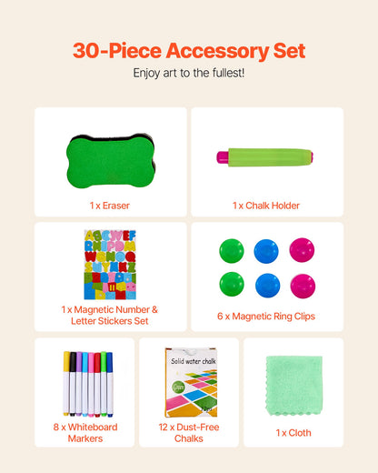 Art Easel for Kids, 2-in-1 Wooden Double-Sided Kid's Art Easel with Magnetic Whiteboard & Chalkboard, Adjustable Standing Rotatable Foldable Drawing Board with Painting Accessories for Boy Girl
