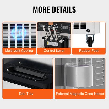 Kommerzielle Softeismaschine, 34–44 l/h, Ausbeute 3 Geschmacksrichtungen, LED-Panel