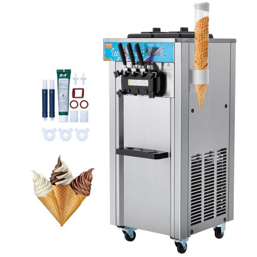Commercial Ice Cream Machine, 21-31 L/H Yield, 1800W 3-Flavor Freestanding Soft Serve Ice Cream Maker, 2 x 5.5L Stainless Steel Cylinder, LED Panel Auto Clean Pre-cooling, for Restaurant Bars