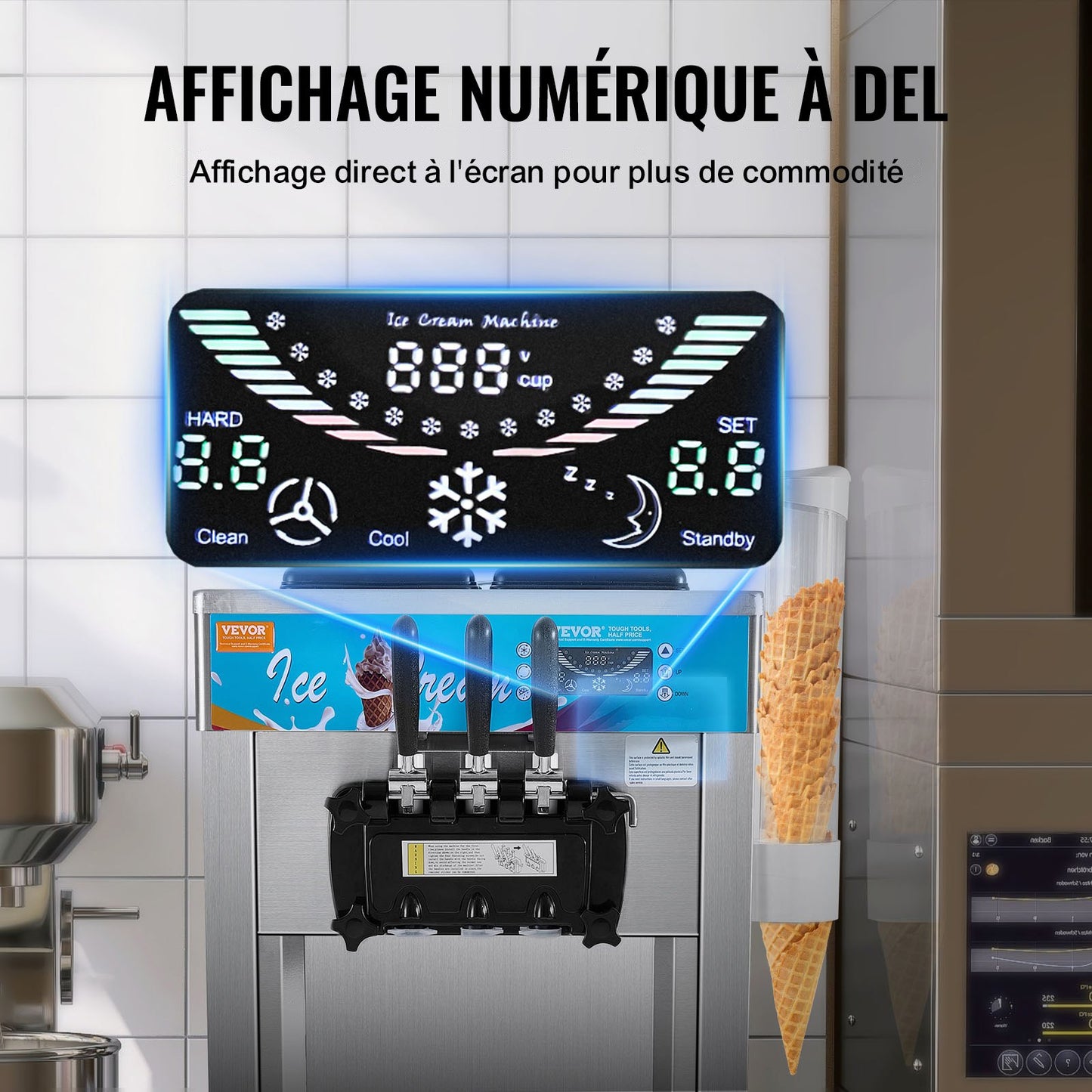 Commercial Ice Cream Machine, 21-31 L/H Yield, 1800W 3-Flavor Freestanding Soft Serve Ice Cream Maker, 2 x 5.5L Stainless Steel Cylinder, LED Panel Auto Clean Pre-cooling, for Restaurant Bars