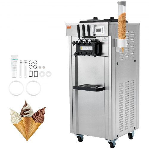 1850W Commercial Soft Ice Cream Machine 3 Flavors 5.3 to 7.4Gallon per Hour PreCooling at Night Auto Clean LCDPanel for Restaurants Snack Bar, Sliver