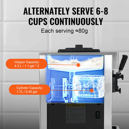1850W Commercial Soft Ice Cream Machine 3 Flavors 5.3 to 7.4Gallon per Hour PreCooling at Night Auto Clean LCDPanel for Restaurants Snack Bar, Sliver