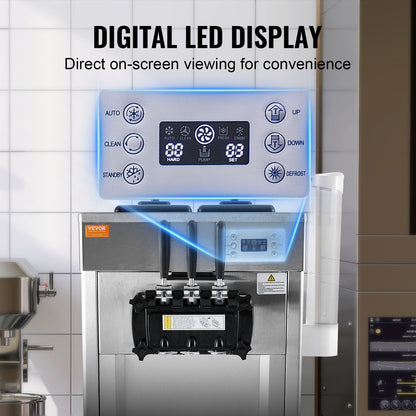 1850W Commercial Soft Ice Cream Machine 3 Flavors 5.3 to 7.4Gallon per Hour PreCooling at Night Auto Clean LCDPanel for Restaurants Snack Bar, Sliver