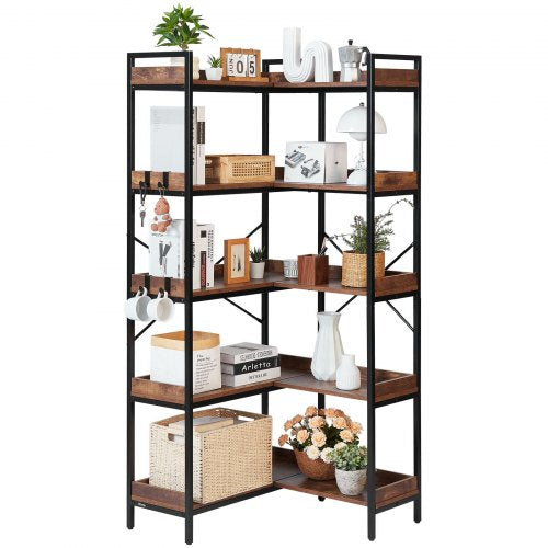 5 Tier Corner Bookshelf with 4 Hooks, 65.4" Tall Corner Bookcase with Heavy Duty Metal Frame & Wooden Shelves, Industrial L Shaped Corner Display Shelf for Bedroom, Living Room, Office