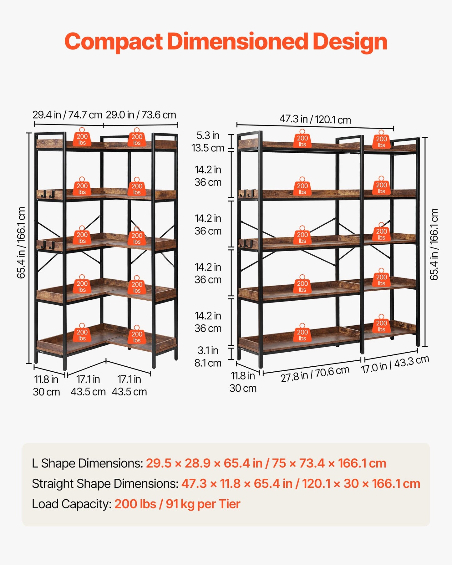 5 Tier Corner Bookshelf with 4 Hooks, 65.4" Tall Corner Bookcase with Heavy Duty Metal Frame & Wooden Shelves, Industrial L Shaped Corner Display Shelf for Bedroom, Living Room, Office