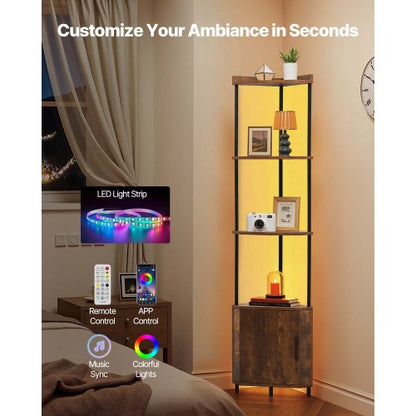 5-tier corner shelf high corner rack with LED lighting and doors narrow shelf