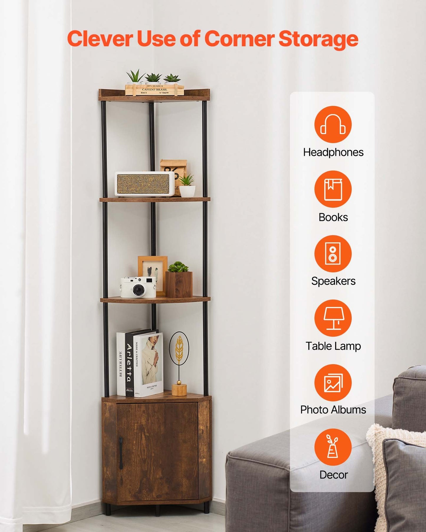 5 Tier Corner Shelf with LED Light, 65.4" Tall Corner Bookshelf with Storage Cabinet, Display Shelf with Multi-color Lights Controlled Via RC/APP for Bedroom, Living Room, Office