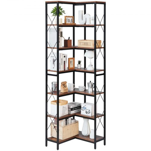 7 Tier Corner Bookshelf, 79" Tall Corner Bookcase with Heavy Duty Metal Frame & Wooden Shelves, Industrial Reversible L Shaped Corner Display Shelf for Bedroom, Living Room, Office