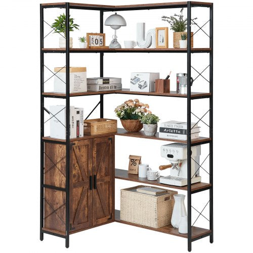 6 Tier Corner Bookshelf, 70" Tall Corner Bookcase with Storage Cabinet, 2 Barn Doors & 10 Storage Shelves, Farmhouse L Shaped Corner Display Shelf for Bedroom, Living Room, Office