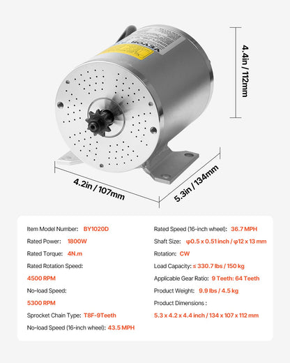 1800W elektrisk borstlös DC-motor 48V 4500rpm Motor för E-Bike Dirt Bike