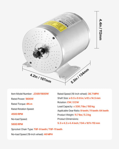 1800W Electric Brushless DC Motor Kit - 48V 4500rpm Motor with Upgraded Speed Controller for Go Karts E-Bike Motorcycle Scooter
