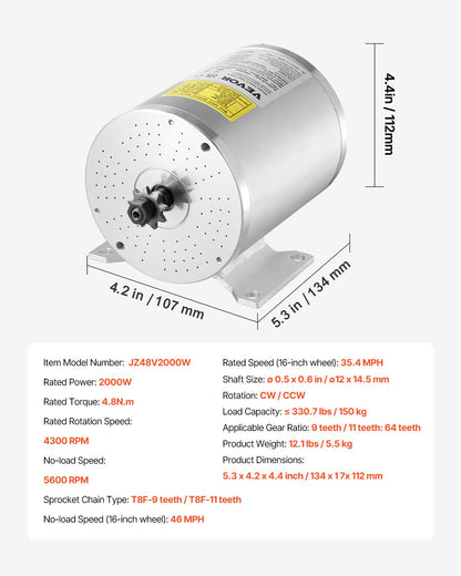 2000W Electric Brushless DC Motor Kit - 48V 4300rpm Motor with Upgraded Speed Controller for Go Karts E-Bike Motorcycle Scooter