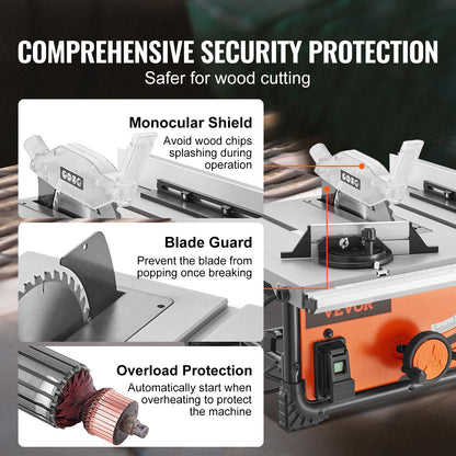 Table Saw for Jobsite, 10-inch 15-Amp, 25-in Max Rip Capacity, Cutting Speed up to 4500RPM, 40T Blade, Portable Compact Tablesaw with Sliding Miter Gauge for DIY Woodworking and Furniture Making