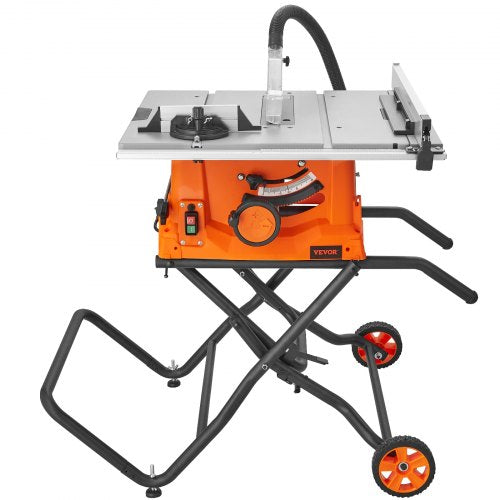 Table Saw with Stand, 10-inch 15-Amp, Max Rip 25-in, Speed to 5000RPM, 40T Blade, Compact Portable Jobsite Saw with Sliding Miter for Wood & Furniture Crafting