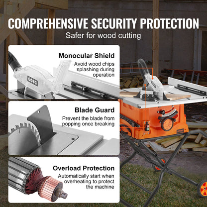 Table Saw with Stand, 10-inch 15-Amp, Max Rip 25-in, Speed to 5000RPM, 40T Blade, Compact Portable Jobsite Saw with Sliding Miter for Wood & Furniture Crafting