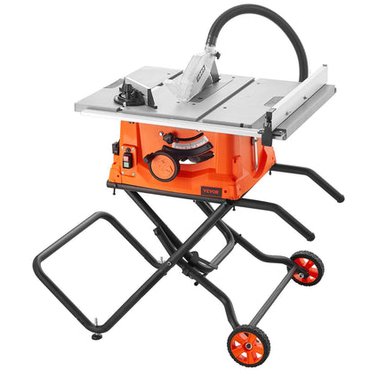 Table Saw with Stand, 10-inch 15-Amp, Max Rip 25-in, Speed to 5000RPM, 40T Blade, Compact Portable Jobsite Saw with Sliding Miter for Wood & Furniture Crafting