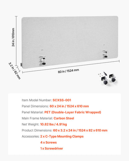Desk Divider Privacy Panel, 60" x 24" Clamp-on Office Desk Partition, PET Cubicle Partition Panel, Workstation Privacy Divider with 2 C-Type Clamps for Office, Sturdy Room, Library