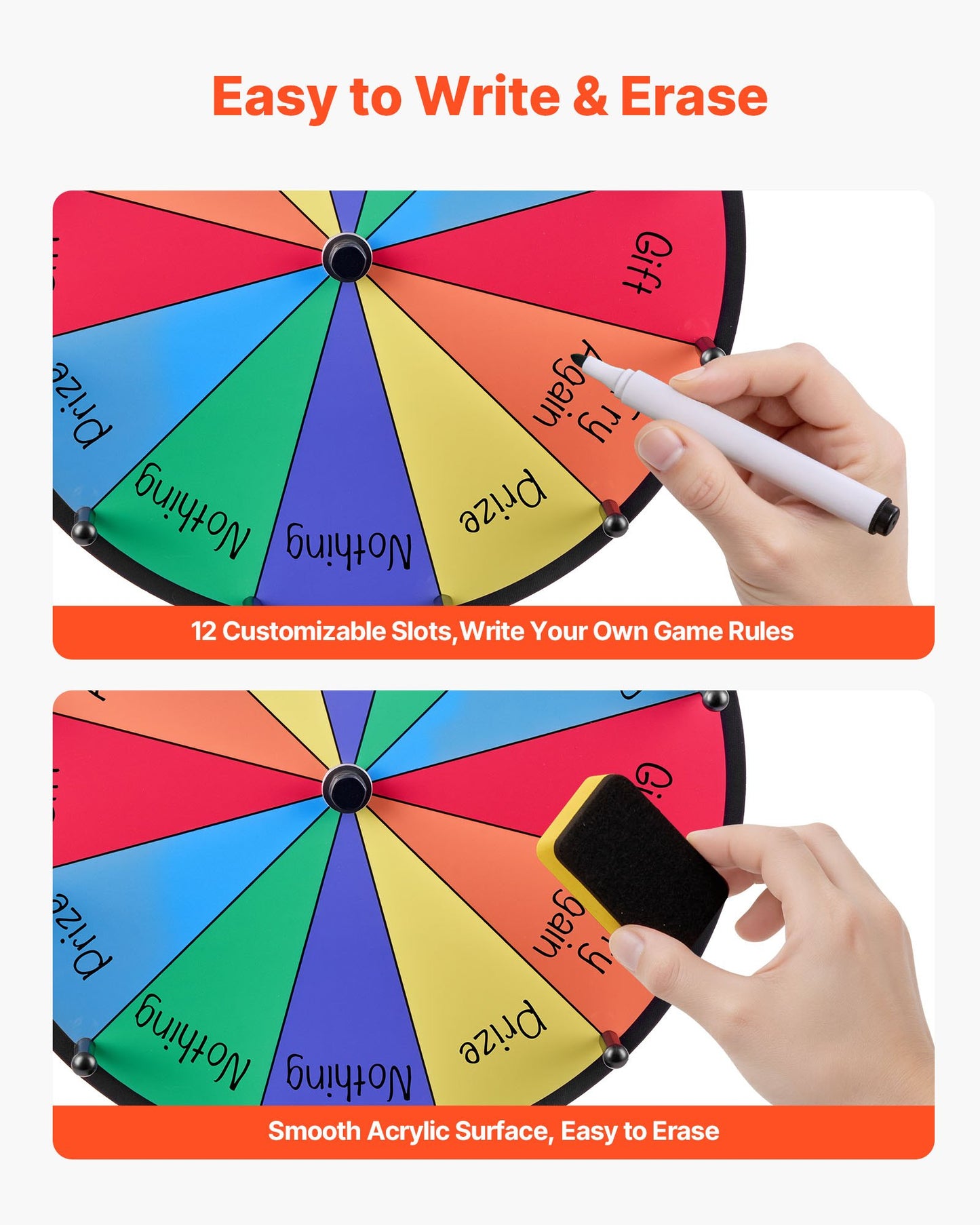 12 in Spinning Prize Wheel, 12 Slots Spinning Wheel with Stand, Tabletop Win Fortune Roulette with a Dry Erase and 2 Markers, 6 Colors, Easy Assembly, for Party Pub Trade Show Carnival Events