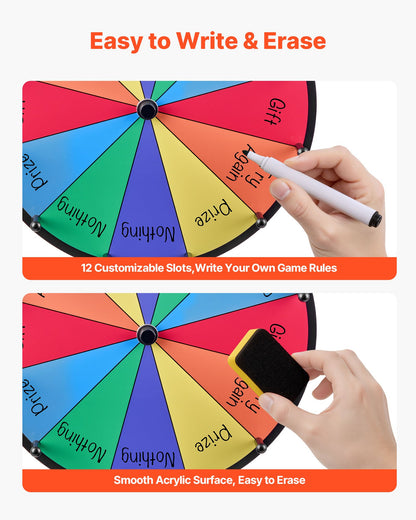 12 in Spinning Prize Wheel, 12 Slots Spinning Wheel with Stand, Tabletop Win Fortune Roulette with a Dry Erase and 2 Markers, 6 Colors, Easy Assembly, for Party Pub Trade Show Carnival Events