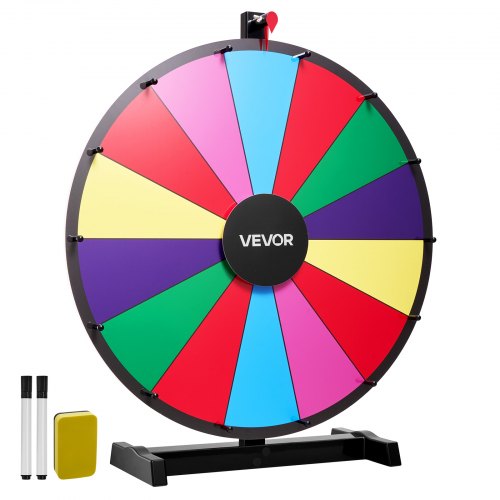 24 in Spinning Prize Wheel, 14 Slots Spinning Wheel with Stand, Tabletop Win Fortune Roulette with a Dry Erase and 2 Markers, 6 Colors, Easy Assembly, for Party Pub Trade Show Carnival Events